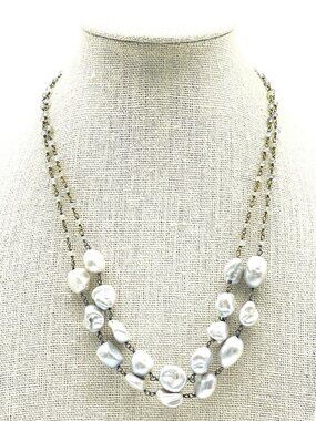 Amelia Rose Necklace Double Strand Baroque Faux Pearl Gold Tone Chain Signed